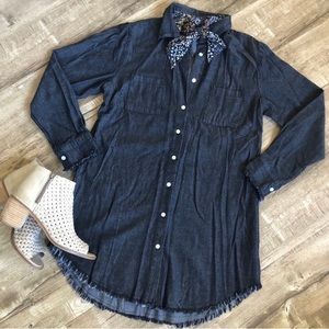Black Washed Denim ButtonFrayed Shirt Dress Chicme